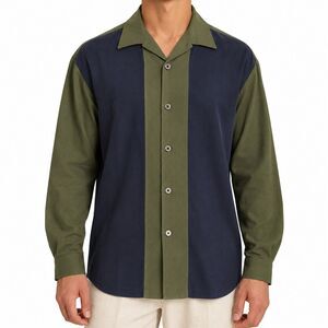 Nat Nast Luxury Mens Large Green Blue Colorblock 100% Silk Camp Collar Shirt
